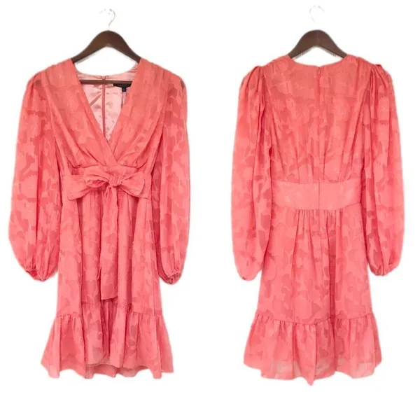 ALEX MARIE Long Sleeve Chiffon Dress‎ Size 2 Coral Wedding Guest Cocktail Party - Image 2