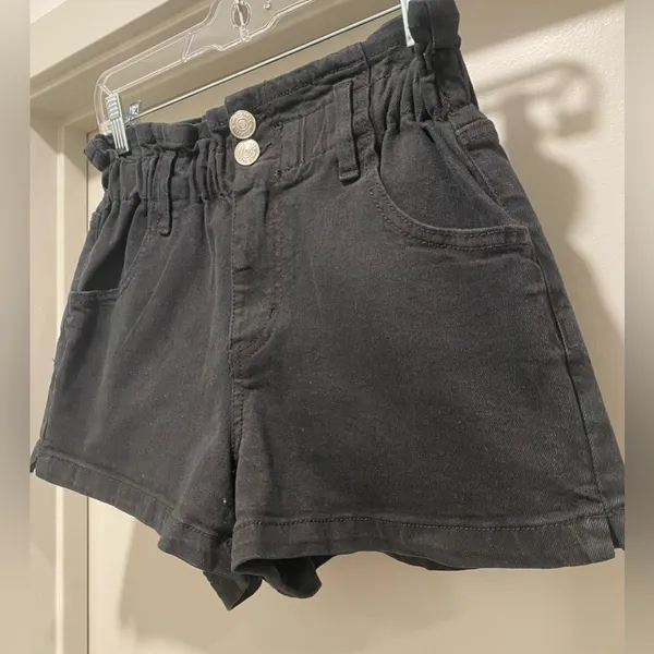 Target Black Stretchy Denim Elastic Waistband Paper Bag Shorts - XS - Image 2