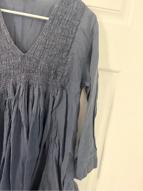 Smocked V-Neck Midi Dress in Slate Blue - Image 3