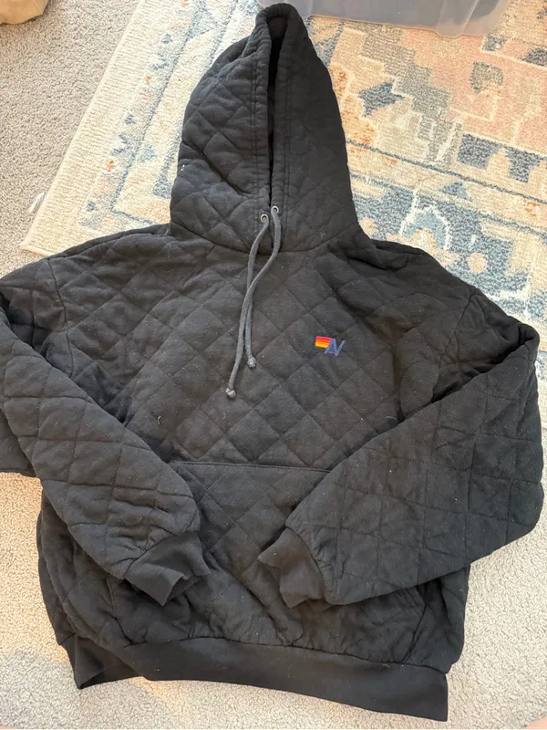 Aviator Nation Quilted Black Relaxed Pullover Hoodie - Unisex - Image 4