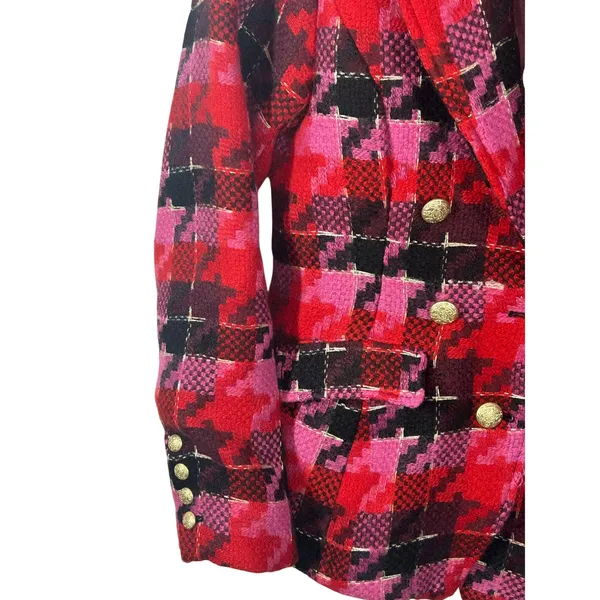 Anthropologie Exploded Plaid Tweed Blazer Medium Red Pink Gold Button Jacket - Image 8