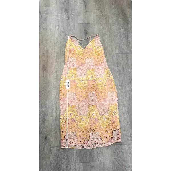 Topshop Floral Lace Midi Dress Pink Yellow Crochet Strappy Bodycon Size 6 - Image 8