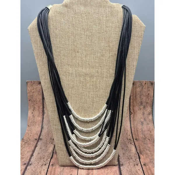 Black & Silver Tone Multi Cord Strand Statement Necklace 24" Long Collar - Image 5