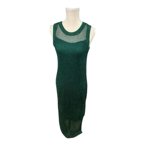Metallic Green Mesh Midi Dress Size XS Bodycon Crochet Dress Sleeveless - Image 2