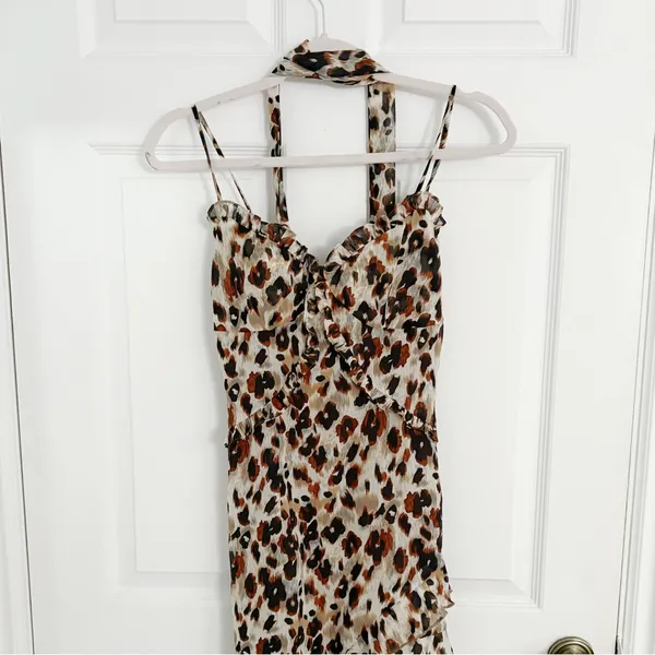 Waew Y2K Neutral Brown Ruffle Leopard Print Spaghetti Strap Asymmetrical Dress - Image 5