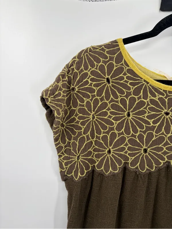 Free People Floral Embroidered Crochet Top Boho Cottagecore Babydoll Tee large - Image 3