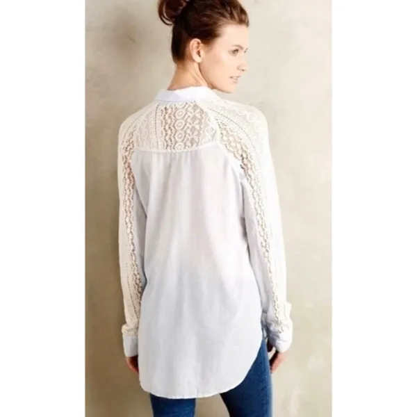 Anthropologie HOLDING HORSES White Lace Sleeve Buttondown‎ Shirt Top Lacey Small - Image 15