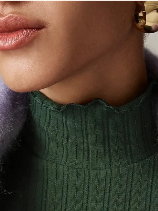 J. CREW Dark Forest Pointelle knit lettuce trim turtleneck top Size S CF645 - Image 2