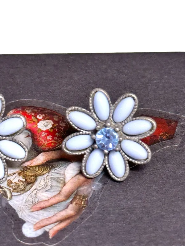 Nina Ricci Early 90’s Baby Blue Pewter Flower Stud Earrings w/Swarovski Crystals - Image 2
