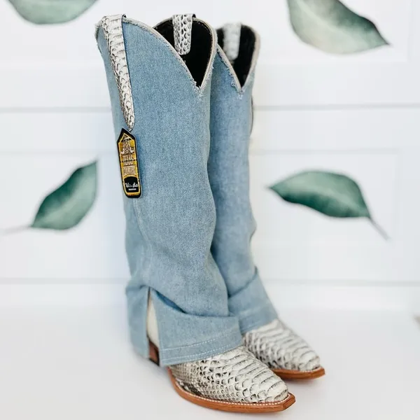 Denim and Snakeskin Western Cowboy Boots NWT 8 - Image 11