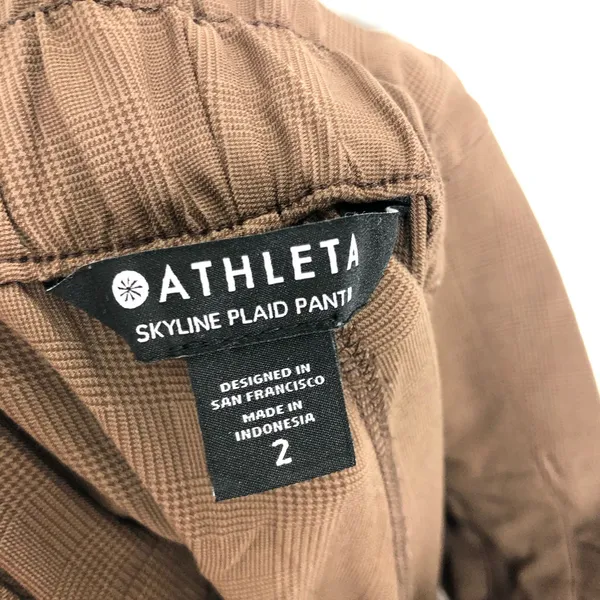 Athleta Skyline Plaid Pants Size 2 Brown Paperbag Tie Casual Lightweight - Image 6