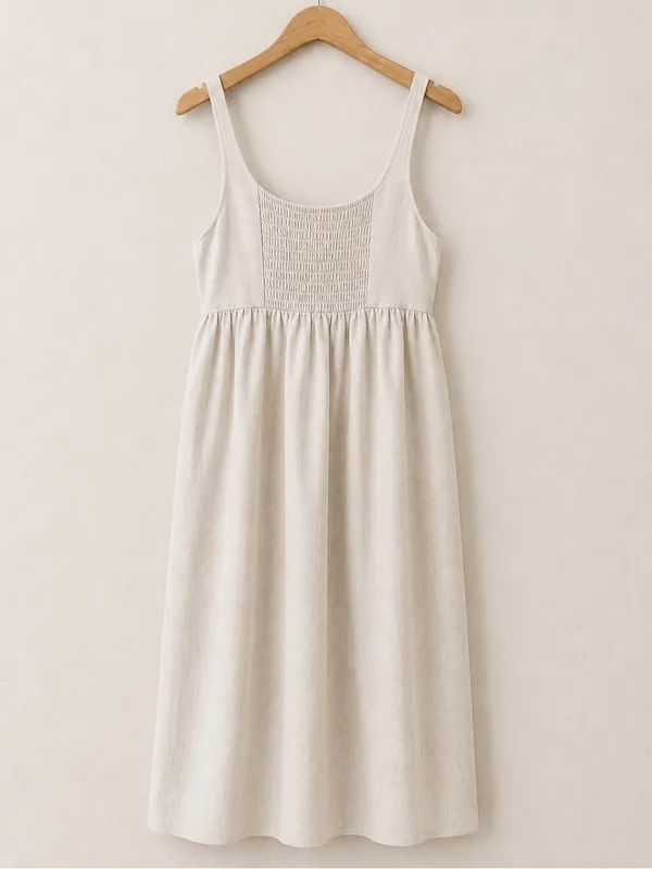 Zara Oatmeal Flowy Linen Lyocell Maxi Dress Smocked Back Sleeveless Boho Coastal - Image 6
