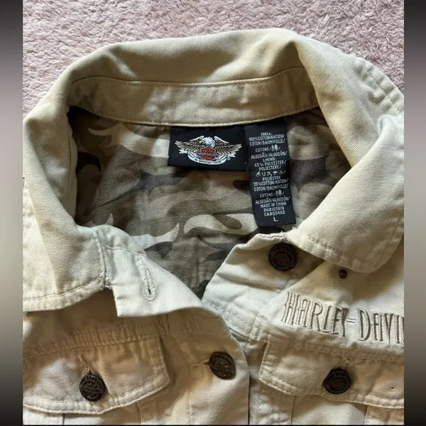 HARLEY DAVIDSON Women’s Crop Top‎ Jacket Canvas Biker Khakis Sz Large - Image 3
