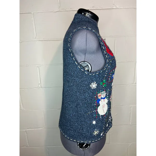 christmas sweater vest snowmen snowflakes beaded Blue Size M - Image 9
