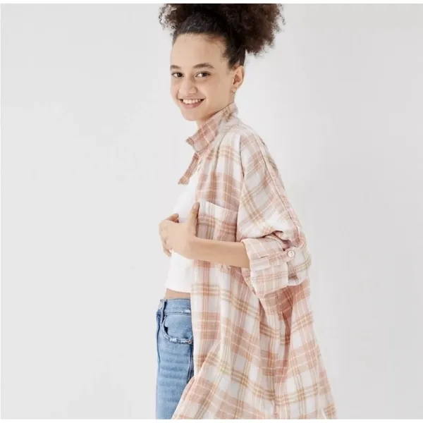 American Eagle Sz L Shirt Oversized Linen Plaid Button Up Boho Relaxed Fit Top - Image 2