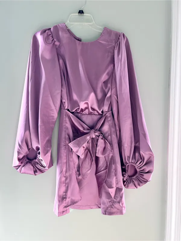 Petal & Pup Lilac Satin Wrap Dress with Balloon Sleeves - Image 2