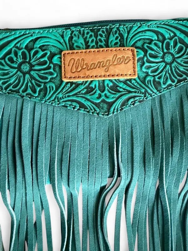 NWT Wrangler Turquoise Tooled Fringe Crossbody Bag - Image 3