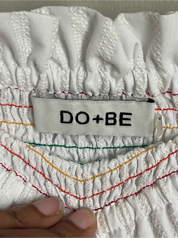 DO+BE White Smocked Mini Skirt with Multicolor Stripe Detail Sz S - Image 5