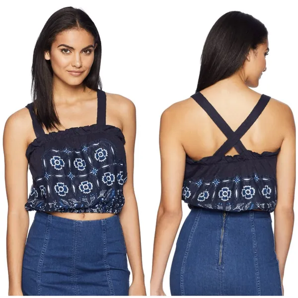 Free People Love Life Bubble Top Womens Size Medium Linen Blend Blue Boho - Image 14