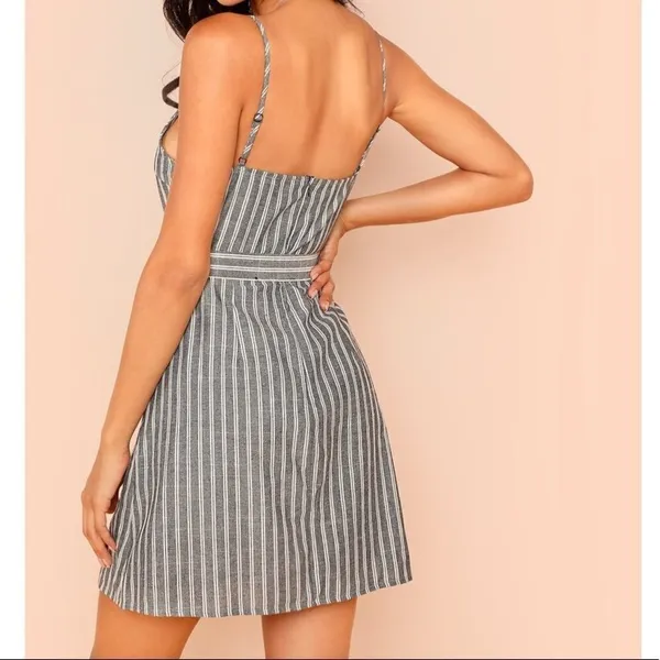 ✨ Button Detail Self Belted Overlap Striped Dress✨ Gray Size L - Image 3