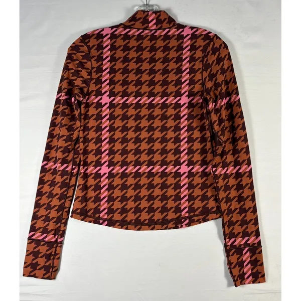 Aerie‎ Women Pink Brown Houndstooth Mock Neck Thumbhole Active Top S - Image 2