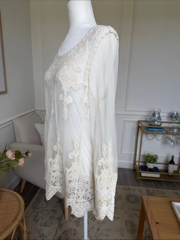 Rock & Roll Cowgirl Romantic Ivory Embroidered Lace Boho Tunic Western Top S - Image 9