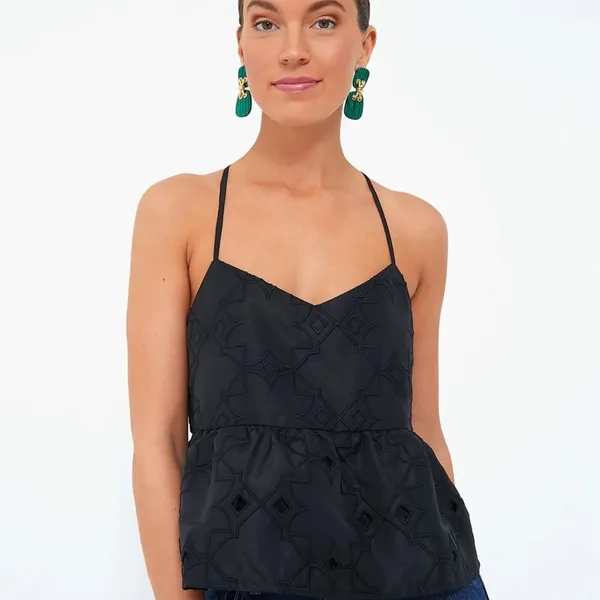 Tuckernuck Black Embroidered Eyelet Peplum Cami Racerback Tank Top XL Women - Image 3