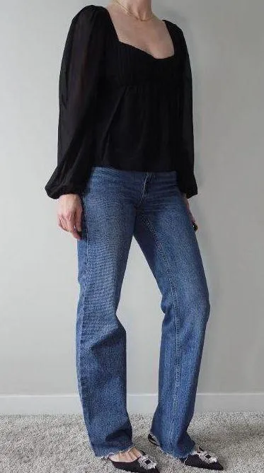 Abercrombie Long Sleeve Black Ruched Sweetheart Puff Sleeve Top Size S - Image 2