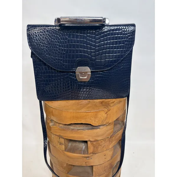 Valerie Barad Vintage Navy Blue Croc Embossed Satchel Crossbody Bag Metal Handle - Image 2