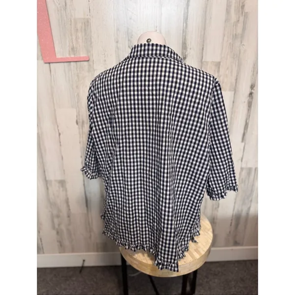 Denim & Co Navy Blue Gingham Plaid Button Up Blouse Womens Plus Size 1X Ruffle H - Image 3