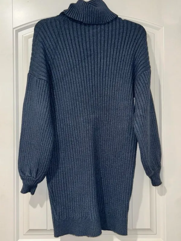 Blue Ribbed Knit Sweater Dress Women's Small - Image 4