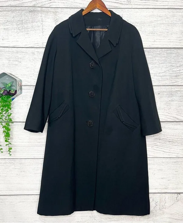 Vintage Black Wool Blend Winter Overcoat with Jeweled Buttons Size XL - Image 13