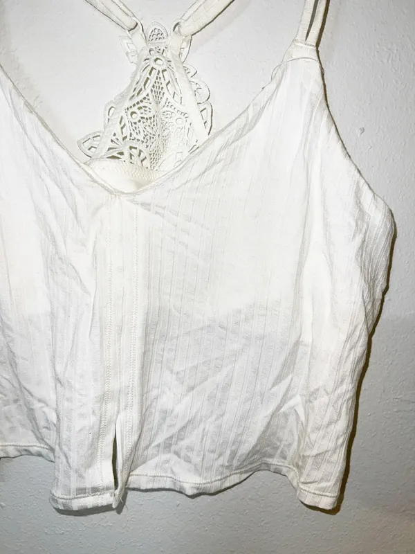 Aerie women’s White Lace-Back floral Cropped built in bra double strap Cami - Image 2
