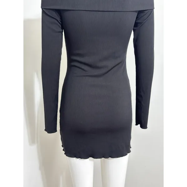 Y2K Black Off Shoulder Sweater Mini Dress Buckle Ribbed Knit Goth Grunge M - Image 7