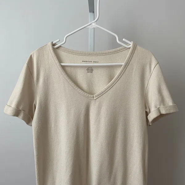 American Eagle Relaxed Coastal Clean Soft Sexy Plush V-Neck T-Shirt Small Cream - Image 2