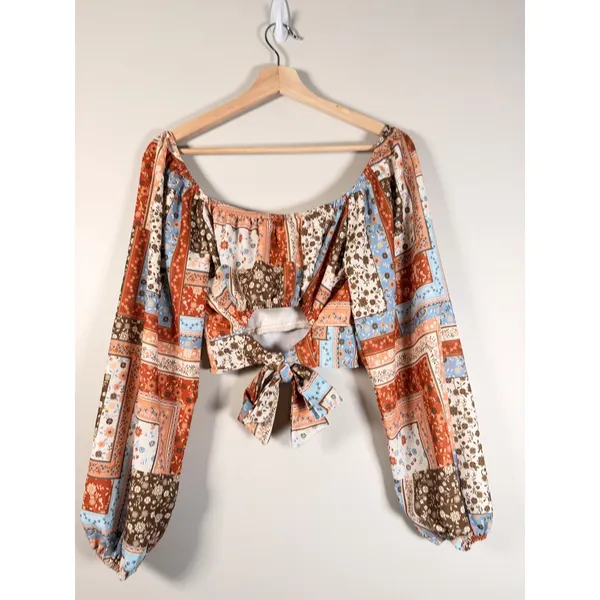 Altar'd State Floral Patchwork Crop Top Long Balloon Sleeve Boho Rust Blue Large - Image 9