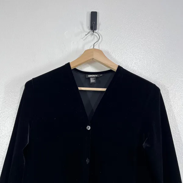 DKNY Velvet Button‎ Front Dress Black Long Sleeve Knee Length Minimalist Medium - Image 5