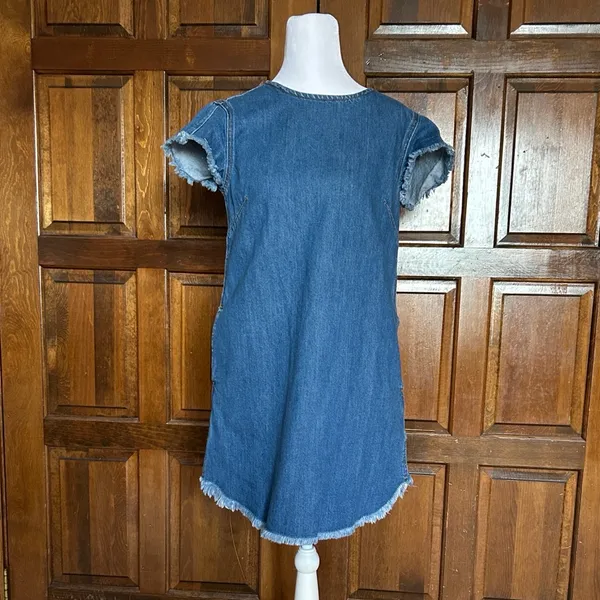 Good American Blue Denim‎ T-Shirt Dress Size 1 S Frayed Raw Edge Hem Mini Shift - Image 4
