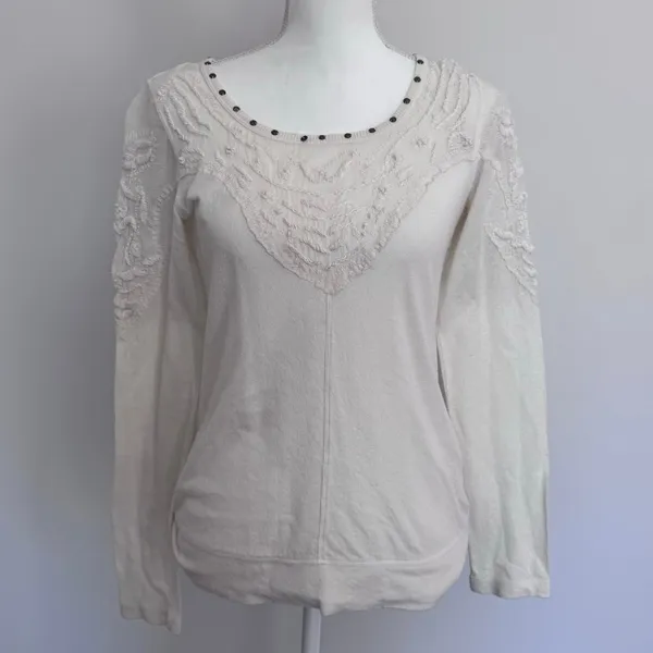 Free People Lace Cottagecore Studded Collar Cotton Slouchy Boho Longsleeve M - Image 2
