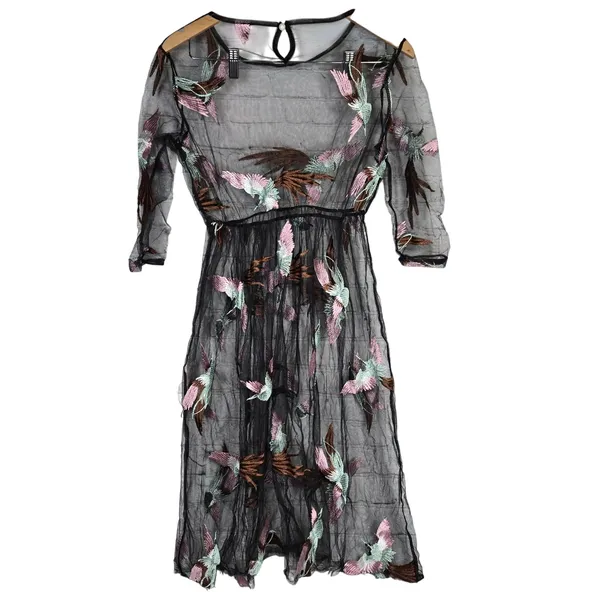 Sheer Black Embroidered Bird Midi Dress Women's Mesh‎ Long Sleeve Keyhole Button - Image 2