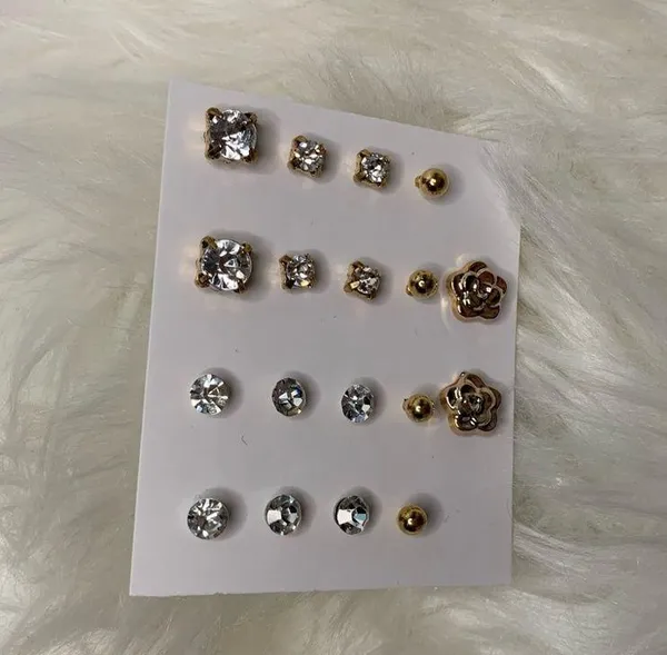 9 Pairs Gold faux Diamond Stud Earrings Bundle - Image 6