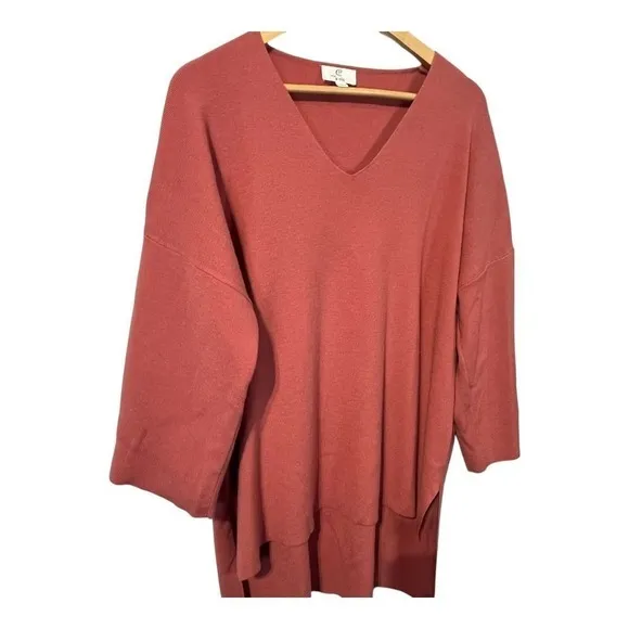 P Cill V-Neck Tunic Sweater Womens Large Rust‎ High-Low PT10463 Oversized Boho - Image 3