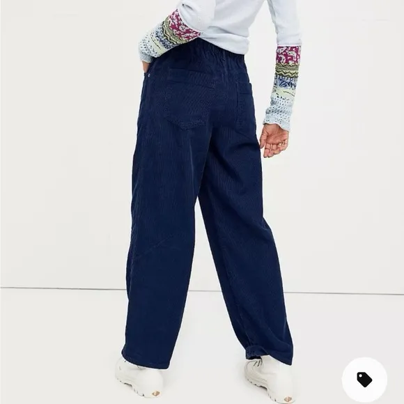 Free People Martha Mid Rise Cord Barrel Jeans - Navy Blue - Image 3