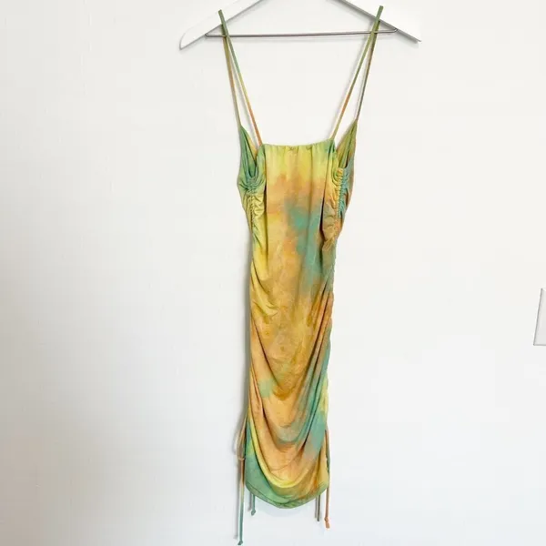 Tie Dye Dress Size S Rainbow Ruched Side Tie Adjustable Bodycon Mini‎ Gown Disco - Image 7