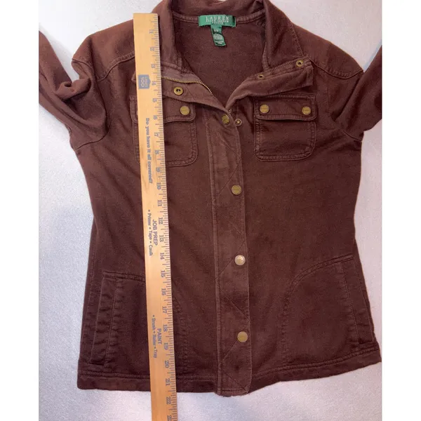 Lauren Ralph Lauren Petite Brown Cotton Utility Jacket Full Zip Snap Small P/P - Image 13