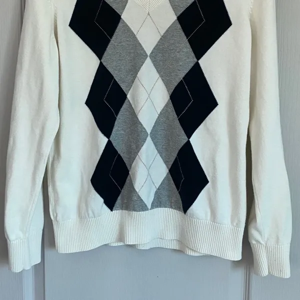 IZOD Womens Argyle V-Neck Sweater White Black Grey 100 Cotton Long Sleeve‎ L - Image 7