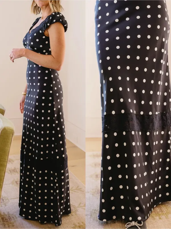 Vestique Mariselle Maxi Dress Polka Dot Lace Puff Sleeve Black White Satin - Image 4
