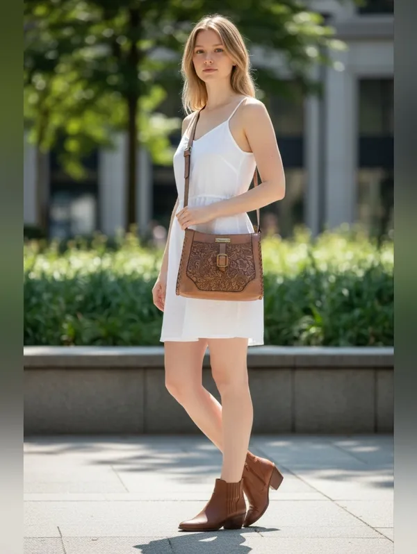 Stylish Tooled‎ Shoulder Crossbody Bag Adustable Strap Intricate Floral Embossed - Image 3