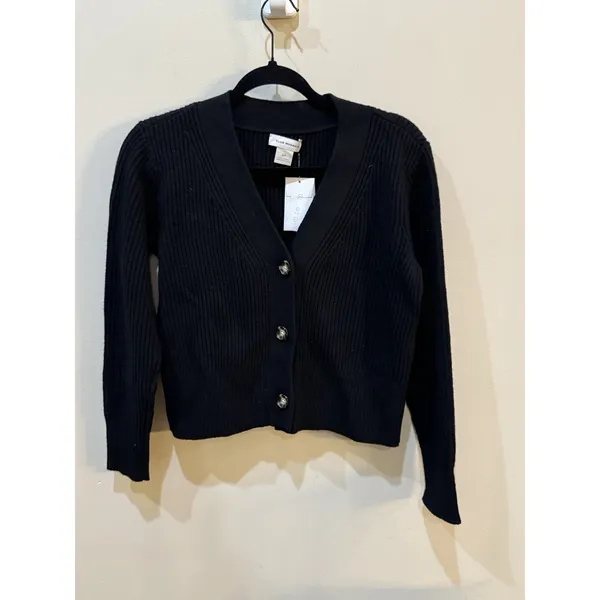 Club Monaco black ribbed V-neck button-down Cardigan Size Small Wool Cotton - Image 2