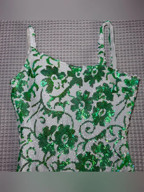 Jovani Size 10 Green And White Floral Full Length Sequin Prom Homecoming Straps - Image 2